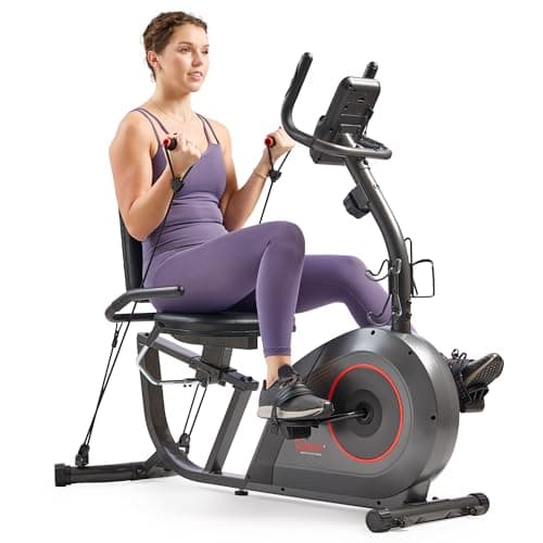 Sunny Health & Fitness 16-Level Smart Magnetic Recumbent Bike with Workout Bands